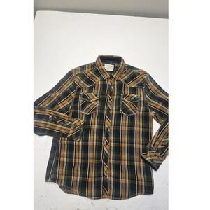 BKE Vintage Mens XL Athletic Fit Western Brown Plaid Flannel Shirt Yellow